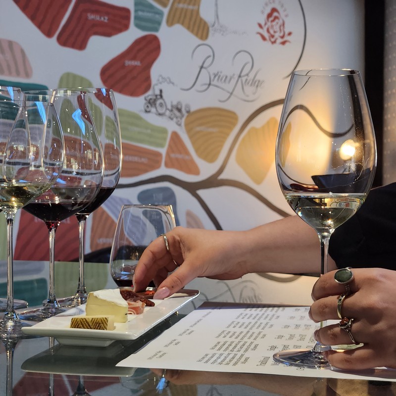 A person reaching over cheese and charcuterie with a row of glasses to taste.